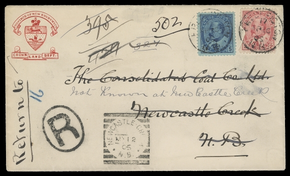 CANADA  1906 (May 12) Province of New Brunswick, Crown Land Dept. embossed stationery envelope mailed registered from Fredericton to Newcastle Creek, NB bearing King Edward VII 2c carmine (torn at left before being affixed) 5c blue tied by light dispatch CDS, well struck Newcastle Creek, NB squared circle (RF 70) on arrival - the latest recorded date of this elusive postmark. Unknown addressee and mailed back to sender, VF (Unitrade 90, 91)