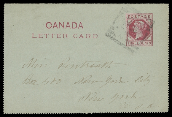 CANADA  1894 (February 26) 3c carmine first issue letter card, Setting 1, showing a light but quite clear and complete Clifton, NB FE 26 94 squared circle (RF 90), addressed to New York with receiver backstamp. Rare as only 5 covers / cards have been reported with the Clifton squared circle, VF (Webb L1)