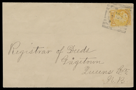 CANADA  1894 (April 16) Envelope folded into wrapper with both ends open for printed matter, bearing 1c yellow, Ottawa printing tied by quite clear Clifton AP 16 94 squared circle (RF 90) datestamp; pays the one cent printed matter rate to Registrar of Deeds at Gagetown, NB. A rare squared circle with only 5 covers / cards reported, VF (Unitrade 35)