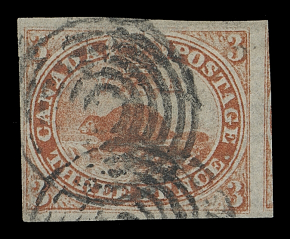 CANADA  1ii,A very scarce example showing prominent laid lines and Major Re-entry (Plate A; Position 34) with strong doubling on bottom "3s", in and around "EE PENCE", radiant colour, neat concentric rings, clear at lower left to mostly large margins all around including portion of adjacent stamp at right. A sought-after plate variety seldom encountered on Canada