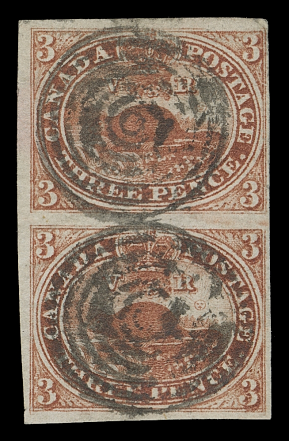 CANADA  4, 4vii,Vertical pair with well clear to large margins, rich colour, socked-on-nose concentric rings which still allow many of the characteristic traits of the Major Re-entry (Plate A; Pos. 47) on lower stamp being visible - the best known plate variety on the three pence Beaver with strong doubling in and around most lettering in the oval and all corner "3s", etc. F-VF