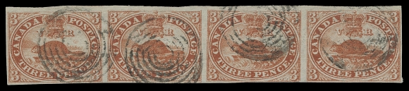 CANADA  4,An appealing used horizontal strip of four (Plate A; Pos. 84-87) with great colour on fresh paper, just touching outer frame below third stamp, otherwise just clear to large margins, light vertical crease on second stamp invisible from the front, a Fine and very scarce multiple.