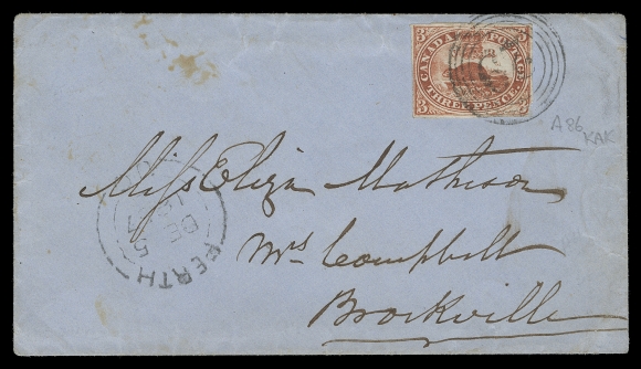 CANADA  1857 (December 5) Small blue cover from Perth, U.C. to Brockville with 3p brown red on medium wove paper, small margins, slightly in at lower right, tied by neat four-ring 