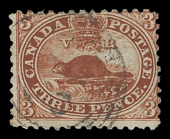 CANADA  12i, iv,A striking used single with amazing deep rich colour, normal centering for the issue, showing Re-entry (Plate A; Pos. 91), small doubling marks clearly visible throughout lettering, superb colour and strong impression aid in identifying the characteristics of this documented variety, indistinct four-ring numeral cancel, Fine