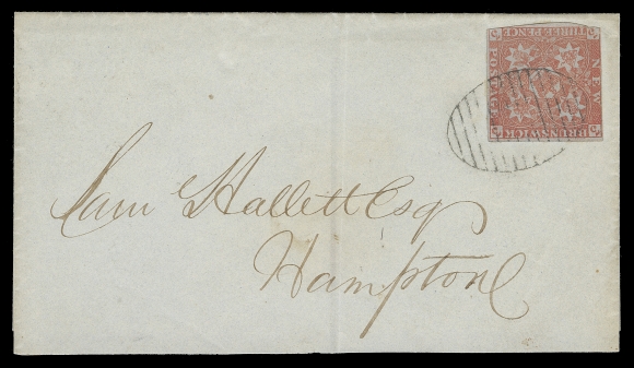 NEW BRUNSWICK  1, 1a,1852 (January 22) Red brown cover bearing a distinctive 3p dark red shade from St. John to Richibucto; also 1853 (February 23) folded cover franked with 3p red from St. John to Hampton Ferry. Both stamps cut in to adequate margins, tied by oval grid cancel, former with some cover stains; both with clear dispatch and receiver backstamps. These covers are among the earliest reported dated covers bearing the 3p Heraldic to any point in the Maritimes. A Fine and desirable duo. (Unitrade 1, 1a)