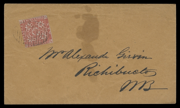 NEW BRUNSWICK  1, 1a,1852 (January 22) Red brown cover bearing a distinctive 3p dark red shade from St. John to Richibucto; also 1853 (February 23) folded cover franked with 3p red from St. John to Hampton Ferry. Both stamps cut in to adequate margins, tied by oval grid cancel, former with some cover stains; both with clear dispatch and receiver backstamps. These covers are among the earliest reported dated covers bearing the 3p Heraldic to any point in the Maritimes. A Fine and desirable duo. (Unitrade 1, 1a)