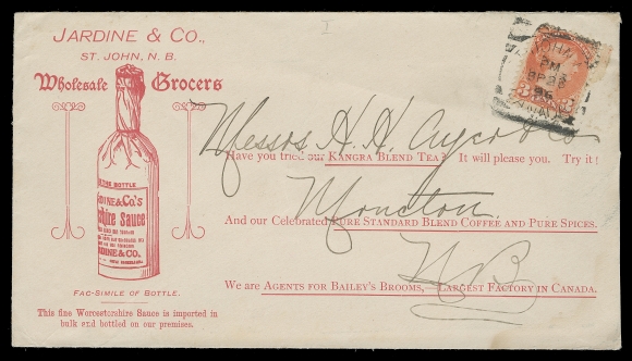 CANADA  A collection of 130 covers / cards, a large percentage franked with Small Queen or late Victoria issues; includes couple Large Queen - one franked with the scarcer 3c on soft white "blotting" paper. Many different businesses and themes are represented, many accompanied by a concise historical description. Noted grocers, fish provision & processing, flour & milling, meat packing, about 30 covers / cards related to tea merchants, importers and blenders. Many years of searching were needed to assemble this comprehensive lot. Condition ranges from small faults to very fine; a wonderful collection.