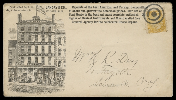 CANADA  Lot of 65 covers / cards, franked with mostly Small Queen or late Victoria issues, KEVII and Map stamp on others. Various businesses and themes are mounted with a concise historical description of the company. Noted dry goods, leisure, specialty goods, clothing, hatters, bicycle, footwear, booksellers. Many nice and elaborate illustrated advertising are shown. Overall condition varies from mixed (faults) to very fine.