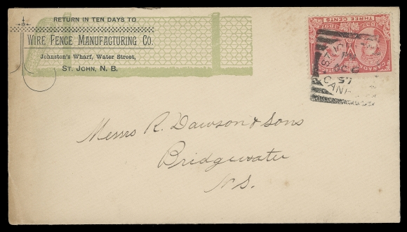 CANADA  An impressive lot of 125 covers / cards franked with mostly Small Queen or late Victoria issues. Numerous businesses and themes, mounted with a concise historical description of the company. Noted farm & office equipment, hardware, machinery, electrical, petroleum, paper products, lumber, foundry, nails, industrial products, soap. Many elaborate illustrated advertising covers are shown including several covers / cards of T. McAvity & Sons illustrating various manufactured products. Many years was required to assemble such a comprehensive and attractive collection with items purchased one at a time. Overall condition varies from mixed to very fine.