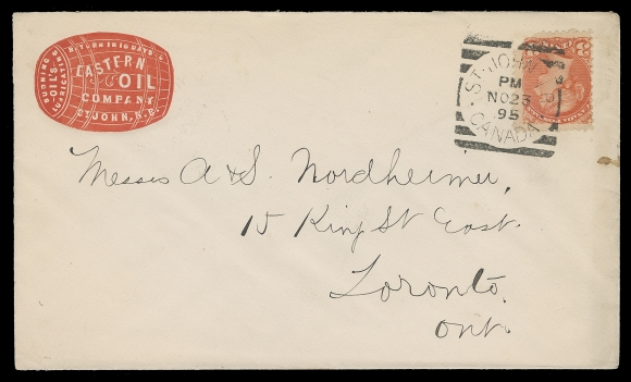 CANADA  An impressive lot of 125 covers / cards franked with mostly Small Queen or late Victoria issues. Numerous businesses and themes, mounted with a concise historical description of the company. Noted farm & office equipment, hardware, machinery, electrical, petroleum, paper products, lumber, foundry, nails, industrial products, soap. Many elaborate illustrated advertising covers are shown including several covers / cards of T. McAvity & Sons illustrating various manufactured products. Many years was required to assemble such a comprehensive and attractive collection with items purchased one at a time. Overall condition varies from mixed to very fine.