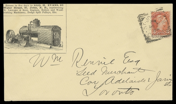 CANADA  An impressive lot of 125 covers / cards franked with mostly Small Queen or late Victoria issues. Numerous businesses and themes, mounted with a concise historical description of the company. Noted farm & office equipment, hardware, machinery, electrical, petroleum, paper products, lumber, foundry, nails, industrial products, soap. Many elaborate illustrated advertising covers are shown including several covers / cards of T. McAvity & Sons illustrating various manufactured products. Many years was required to assemble such a comprehensive and attractive collection with items purchased one at a time. Overall condition varies from mixed to very fine.