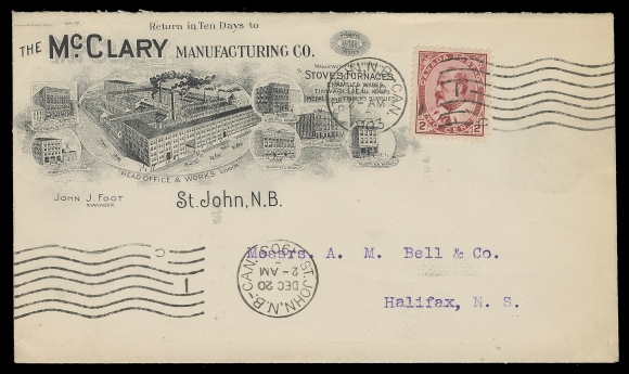 CANADA  An impressive lot of 125 covers / cards franked with mostly Small Queen or late Victoria issues. Numerous businesses and themes, mounted with a concise historical description of the company. Noted farm & office equipment, hardware, machinery, electrical, petroleum, paper products, lumber, foundry, nails, industrial products, soap. Many elaborate illustrated advertising covers are shown including several covers / cards of T. McAvity & Sons illustrating various manufactured products. Many years was required to assemble such a comprehensive and attractive collection with items purchased one at a time. Overall condition varies from mixed to very fine.