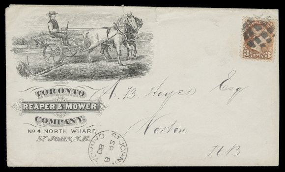 CANADA  An impressive lot of 125 covers / cards franked with mostly Small Queen or late Victoria issues. Numerous businesses and themes, mounted with a concise historical description of the company. Noted farm & office equipment, hardware, machinery, electrical, petroleum, paper products, lumber, foundry, nails, industrial products, soap. Many elaborate illustrated advertising covers are shown including several covers / cards of T. McAvity & Sons illustrating various manufactured products. Many years was required to assemble such a comprehensive and attractive collection with items purchased one at a time. Overall condition varies from mixed to very fine.