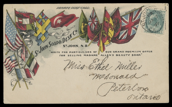 CANADA  An impressive lot of 125 covers / cards franked with mostly Small Queen or late Victoria issues. Numerous businesses and themes, mounted with a concise historical description of the company. Noted farm & office equipment, hardware, machinery, electrical, petroleum, paper products, lumber, foundry, nails, industrial products, soap. Many elaborate illustrated advertising covers are shown including several covers / cards of T. McAvity & Sons illustrating various manufactured products. Many years was required to assemble such a comprehensive and attractive collection with items purchased one at a time. Overall condition varies from mixed to very fine.