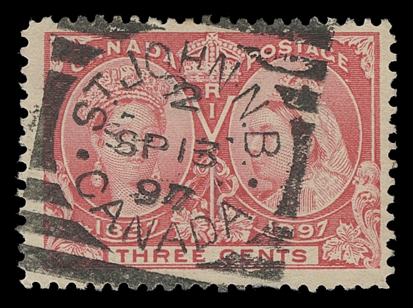 CANADA  Organized by date in two stockbooks; first contains about 400 stamps mostly 1c & 3c Small Queens and Jubilees early November 1896 to December 1898. Second stockbook with over 400 stamps, a high percentage St. John, NB Hammer III (scarcer), then jumps to an assortment of squared circles from eleven different New Brunswick towns, including partial strike of Clifton on a 3c Small Queen. F-VF