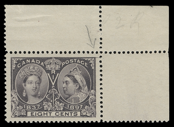 CANADA  56,An extraordinary mint corner margin single with superb margins and remarkably well centered within, possessing full unblemished original gum, never hinged. A noticeable variety is shown - an extension of horizontal frameline at top right corner. Rarely seen physical attributes which makes it the more impressive and certainly ranking among the finest & most visually appealing Eight cent Jubilees extant, XF NH JUMBO GEM; 1979 Greene Foundation and 2008 PF certificates