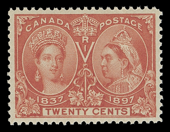 CANADA  59,An unusually choice and extremely well centered mint example with well-balanced margins, post office fresh colour and full immaculate original gum; noticeably superior to what we are accustomed to seeing on this particular denomination, XF NH; 2019 PSE certificate (Graded XF 90; this being the highest graded NH 20c Jubilee)