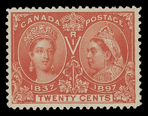 CANADA  59v,A nicely centered mint example showing the elusive Re-entry (Position 37) with strong marks noticeable in "POS" of "POSTAGE" and in the Crown - this is the strongest Re-entry found on the 20 cent Jubilee, VF NH