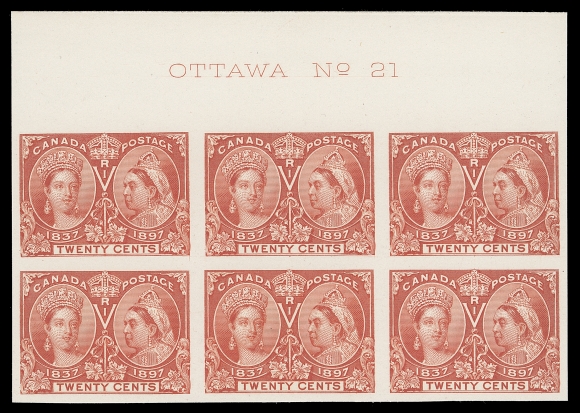 CANADA  59P, iii, iv,Plate proof block of six on card mounted india paper showing full "OTTAWA No. 21" plate inscription at top, upper left (Pos. 2) and lower centre (Pos. 8) proofs have prominent and listed Re-entries; a great item for an advanced collection, VF
