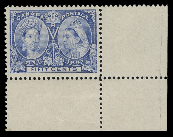 CANADA  60,A spectacular corner mint single, very well centered with luxuriant colour seldom encountered on this stamp, full unblemished original gum, never hinged, superb in all respects. One of the finest existing examples, XF NH; 2015 Greene Foundation cert.