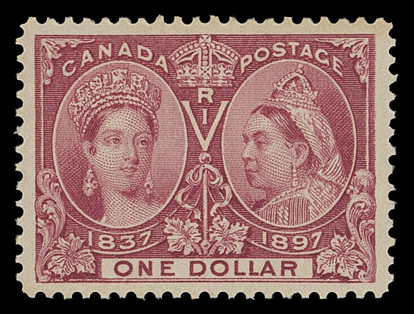CANADA  61,A fabulous mint example, extremely well centered with four large, well-balanced margins, deep colour and full unblemished original gum. Easily one of the finest mint NH One dollar Jubilees that exist, XF NH; 2019 PSE certificate (Graded XF 90)

THE HIGHEST GRADED (PSE) MINT NEVER HINGED ONE DOLLAR JUBILEE.