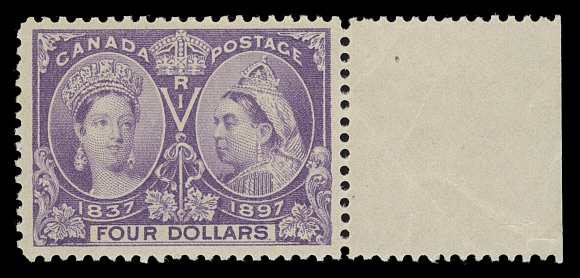 CANADA  64,An impressive mint example of this notoriously difficult high value, extremely well centered with sheet at right, true rich colour not often seen on this particularly fugitive ink, full pristine original gum, NEVER HINGED. A superb stamp, currently the highest graded mint NH $4 Jubilee by the P.S.E., VF+ NH; 2018 Greene Foundation and 2019 PSE certificates (latter Graded VF-XF 85)