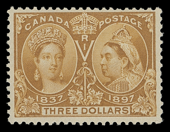 CANADA  63i variety,A reasonably centered mint single showing the documented Major Re-entry (Position 13) with distinctive mark in "O" of "POSTAGE", as well as marks in "P" and "S" and below the latter in the oval, bright fresh colour, couple irregular perfs, F-VF NH

The current Unitrade specialized catalogue lists a Major Re-entry (cat. $4,800 as F-VF NH) from Position 19. This plate variety is just as prominent and is documented on the informative Ralph Trimble Re-entry website.