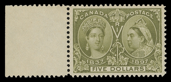 CANADA  65,A premium mint example of this keenly sought-after high value, extremely well centered with sheet margin at left, natural paper wrinkle observed by the P.S.E. is hardly discernible, nevertheless this stamp is noticeably superior to almost all existing examples, VF NH; clear 2018 Greene Foundation cert. and 2020 PSE cert. (Graded VF 80)

Only one other stamp has been Graded VF 80 mint NH by the P.S.E., none higher.