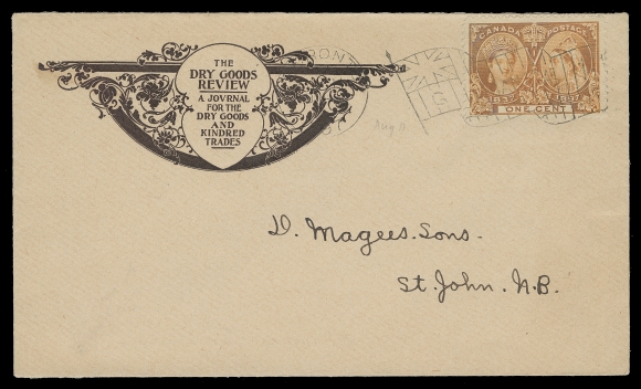 CANADA  1897 (August 11) The Dry Goods Review illustrated advertising envelope, mailed unsealed from Toronto to St. John, NB, franked with a well centered 1c orange tied by Toronto Flag "G" cancel, in use for only two days (August 10-11), St. John, NB squared circle receiver backstamp, a very scarce and appealing Flag cancelled cover, VF (Unitrade 51)