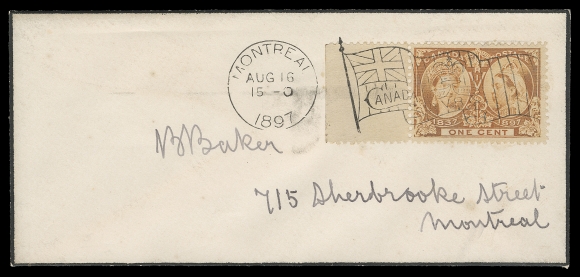 CANADA  1897 (August 16) Small mourning cover paying local drop letter rate with a left margin 1c orange, superbly tied by Montreal Flag Canada Crown & VR Jubilee cancellation, VF (Unitrade 51)