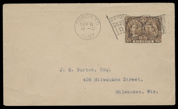 CANADA  1897 (September 6) Clean cover bearing an elusive single franking of the 6c brown, nicely centered and tied by Toronto "D" flag cancellation, mailed to the United States; Milwaukee receiver on back. Double weight covers to the USA franked with Jubilee issues are very scarce, VF (Unitrade 55) 