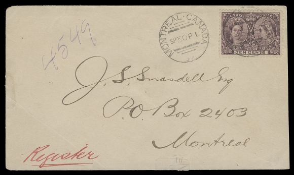 CANADA  1897 (September 30) Local registered cover bearing a single-franking 10c brown violet, well centered and tied by centrally struck Montreal SP 30 P1 97 squared circle precursor Type III (RF 60 - rare), superb second strike at left; cover with diagonal crease at lower left and opening tears to backflap, VF appearance; backstamped Vincent G. Greene. (Unitrade 57) ex. Alfred Cook (October 1985; Lot 204)