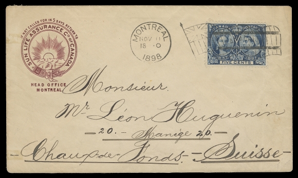 CANADA  1898 (November 11) Sun Life Assurance Co. illustrated advertising cover with single 5c blue tied by Montreal flag cancel, paying UPU letter rate to Switzerland; clear Chaux de Fonds 20.XI.98 receiver CDS. A scarce Jubilee cover to Switzerland, F-VF (Unitrade 54) ex. "Libra" Part III (June 2015; Lot 85)