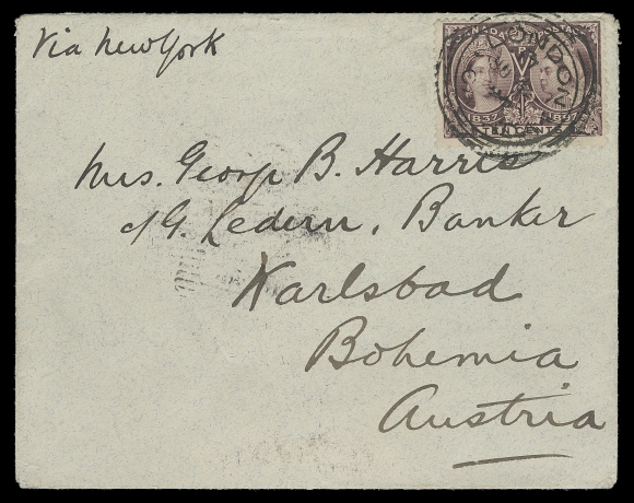 CANADA  1898 (June 2) Cover endorsed "Via New York" bearing single-franking 10c brown violet neatly tied by central three-ring London, JU 2 98 datestamp to Karlsbad, Bohemia, Austrian Empire (now Czech Republic), Karlsbad grid receiver on back; pays an unusual double UPU letter weight, rare, VF (Unitrade 57)
