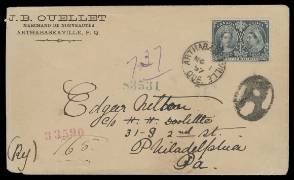 CANADA  1897 (November 1) J.B. Ouellet cover franked with a 15c steel blue tied by superb Arthabaskaville, Que NO 1 97 CDS, sent registered to Philadelphia, USA; Montreal and RPO transits and clear NOV 3 arrival backstamps. Small piece of backflap missing, a very scarce single-franking paying the triple registered letter rate to USA, overpaid by one cent for convenience, F-VF (Unitrade 58)