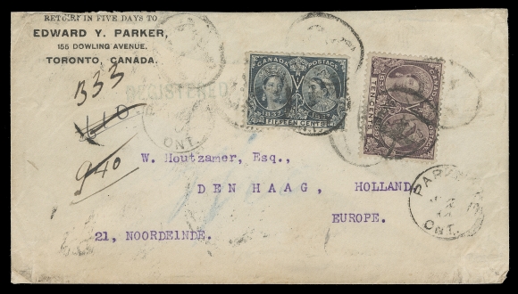 CANADA  1904 (June 23) Envelope mailed registered to Holland, bearing single 10c & 15c Jubilees tied by light oval "R" registration handstamps, Parkdale. Ont. dispatch CDS, six different backstamps including London transits, Den Haag (The Hague) receiver, minor soiling and edge wrinkles; a very rare four-fold UPU registered cover to Continental Europe solely franked with Jubilee stamps, Fine (Unitrade 57, 58) ex. Dr. Alan Selby (September 1993; Lot 865)