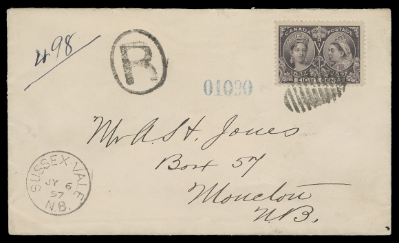 CANADA  1897 (July 6) A clean, fresh cover mailed registered to Moncton, bearing a single 8c dark violet tied by grid cancel, oval "R" registration handstamp at left, neat Sussex Vale, NB dispatch CDS at left, two different Railway Post Office CDS postmarks on back and next-day Moncton receiver, a choice first-month usage of the Eight cent, paying 3 cent domestic letter rate plus 5 cent registration, VF (Unitrade 56)