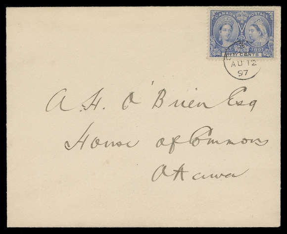 CANADA  1897 (August 12) Pristine cover with a single-franking 50c ultramarine tied by small "3 / OTTAWA AU 12 97" CDS, addressed locally to the House of Commons, Ottawa; favour franking, attractive and unusual, VF (Unitrade 60)