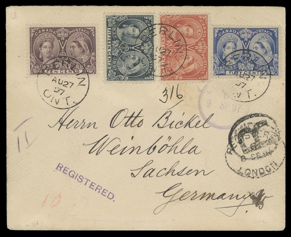 CANADA  1897 (August 27) Clean envelope mailed registered to Germany, displaying a four-colour franking consisting of the 10c to 50c Jubilee denominations, all are well centered and clearly tied by Berlin, Ont. dispatch CDS, two different London transits on front, Weinbohla 10 / 9 97 arrival backstamp. An attractive franking of these mid-values on cover, VF (Unitrade 57-60)