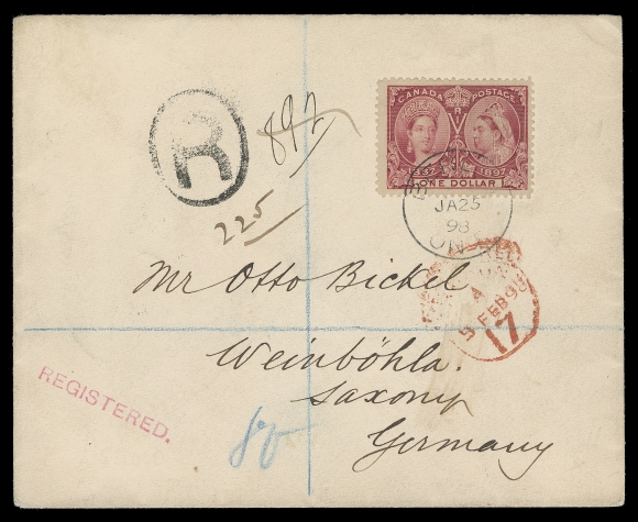 CANADA  1898 (January 25) A remarkable cover to Germany, bearing a single-franking $1 lake with large margins, nicely centered and tied by clear Berlin, Ont. CDS dispatch, oval "R" and straightline REGISTERED along with London 5 FEB 98 registered datestamp in red all struck on front; on reverse clear Toronto JA 25 transit and Weinbohla 6 2 98 CDS receiver. A striking and appealing single use of a dollar denomination on cover to a Foreign country, VF (Unitrade 61)