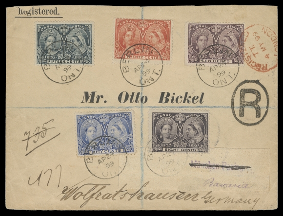 CANADA  1899 (April 24) Registered cover bearing a five-colour franking of 8c, 10c, 15c, 20c and 50c jubilees, each tied by Berlin, Ont. dispatch CDS to Munich, Germany, redirected to Wolfratshausen, London 6 APR 98 transit on front further ties the 10 cent, two different German receiver backstamps, VF and attractive (Unitrade 56-60)