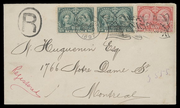 CANADA  1897 (June 21) Clean local registered cover, bearing pair of 2c green and single 3c rose tied by Montreal Flag 1837 Victoria 1897 flag cancellation, mailed on third day of issue and first day of commercial usage of this Flag type / date hub cancellation; pays a 2 cent drop rate with free letter carrier delivery plus 5 cent registration, VF (Unitrade 52, 53)