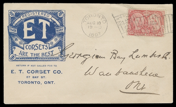 CANADA  Three illustrated advertising covers franked with single 3c Jubilee, all postmarked at Toronto on August 10, 1897 with Flag B, C & F (latter is a front). All three are the earliest recorded of the respective lettered flag cancellations, an appealing trio, VF (Unitrade 53)