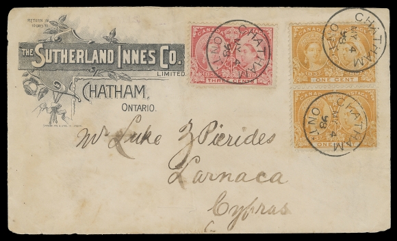 CANADA  1898 (May 4) Sutherland Innes Co. advertising cover mailed to Larnaca, Cyprus, bearing pair of 1c orange and single 3c bright rose tied by superb Chatham, Ont. CDS postmarks, paying the 5 cent UPU letter rate to Cyprus. Overall light soiling and diagonal crease away from stamps, a rare Jubilee franking destination, Fine (Unitrade 51, 53)
