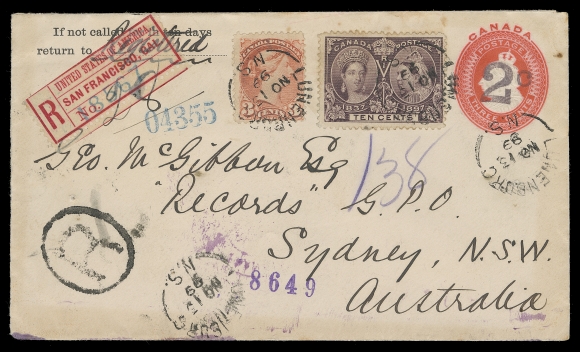 CANADA  1899 (November 15) 2c on 3c Postal envelope uprated with a 3c Small Queen and 10c Jubilee, mailed registered to New South Wales (Australia), via the US; stamps tied by Lunenburg, N.S. split rings, oval "R" registration handstamp left, in transit a San Francisco registered label was affixed; various backstamps including three different RPO