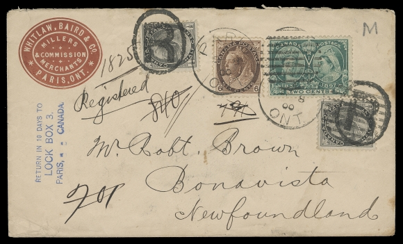 CANADA  1900 (September 8) Witlaw, Baird & Co. Merchants embossed advertising envelope mailed from Paris, Ontario to Bonavista, Newfoundland, displaying an unusual and appealing mixed-issue franking - Jubilee 2c, two Numeral ½c (one shows Major Re-entry, Plate 1 Right Pane; Pos. 18) and a 6c tied by Paris duplex datestamps and / or oval "R" registration handstamps, two different RPO transits, oval St. John