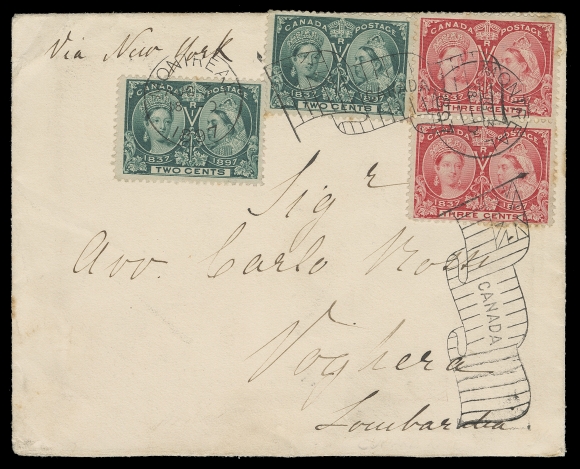 CANADA  1897 (August 3) Clean cover endorsed "Via New York" with handstamped "The St. Lawrence Sugar Refining Co., Limited" on reverse, paying double UPU letter rate to Voghera, Lombardy (Italy) with two 2c deep green (one with perf creases due to placement) and pair of 3c rose, all attractively tied by Montreal AUG 3 1897 Flag cancellations, Voghera receiver backstamp, a very scarce double UPU letter rate franked solely with Jubilee stamps, VF (Unitrade 52i, 53i)