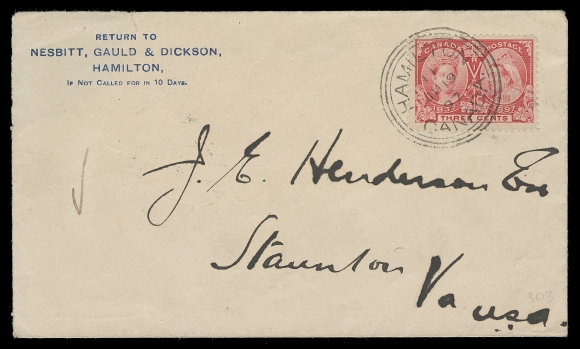 CANADA  1897 (June 19) Nesbitt, Gauld & Dickson, Hamilton envelope mailed on FIRST DAY OF ISSUE, 3c bright rose neatly tied by complete and very clear three-ring Hamilton JU 19 97 CDS, small piece of backflap missing and small tear at top left, an attactive, clean and very scarce Jubilee FDC, pays 3 cent rate to the US, VF (Unitrade 53)