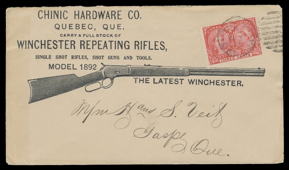 CANADA  1897 (August 4) Chinic Hardware Co. Winchester Repeating Rifles illustrated advertising cover with all-over advertising on reverse portraying two additional rifles, bearing 3c bright rose tied by light Quebec duplex to Gaspé, Que., AU 7 receiver backstamp; small tear at top and some yellowing along left edge. A beautiful gun cover, F-VF (Unitrade 53) ex. Dr. Alan Selby (September 1993; Lot 882)