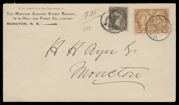 CANADA  1897 (August 20) The Moncton Electric Street Railway, Heat and Power Co. cover in clean condition, paying local drop letter rate of one cent plus 5 cent registration with a 5c grey black Small Queen tied by oval "R" registration handstamp and 1c Jubilee tied by neat Moncton dispatch CDS, backstamped. An unusual rate &  franking, VF (Unitrade 42, 51)
